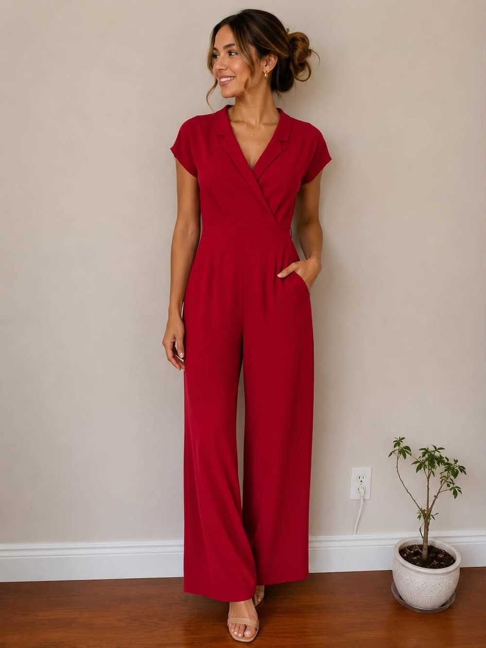 Women’s Red Wrap-Front Wide-Leg Jumpsuit